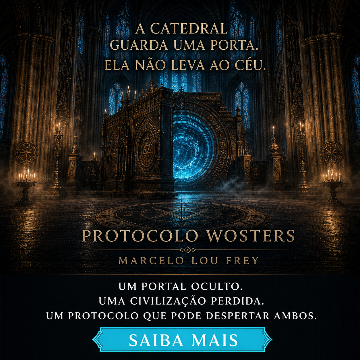 Catedral sombria com portal azul oculto e chamada Saiba mais, arte de divulgação de Protocolo Wosters
